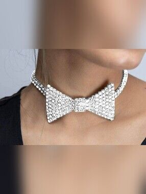 Rhinestone Bow Choker Necklace - Silver Sparkle. Silver Trim